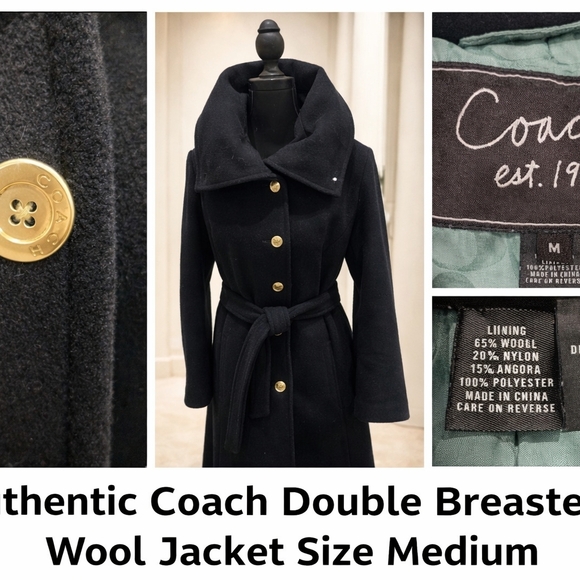 Authentic Coach Double Breasted Wool Angora Belted Coat Size M Black Gold Button - Picture 4 of 5